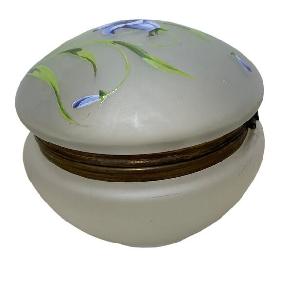 Vintage Hand Painted Clear Frost Hinge Lid Vanity Jar Floral Good Used Condition - Picture 2 of 9